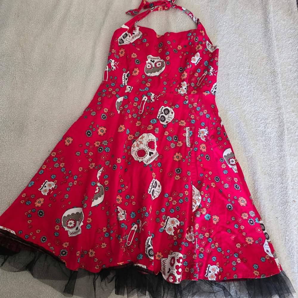 iHot Women Red Sugar Skull Halter Dress Small Rockabilly Gothic